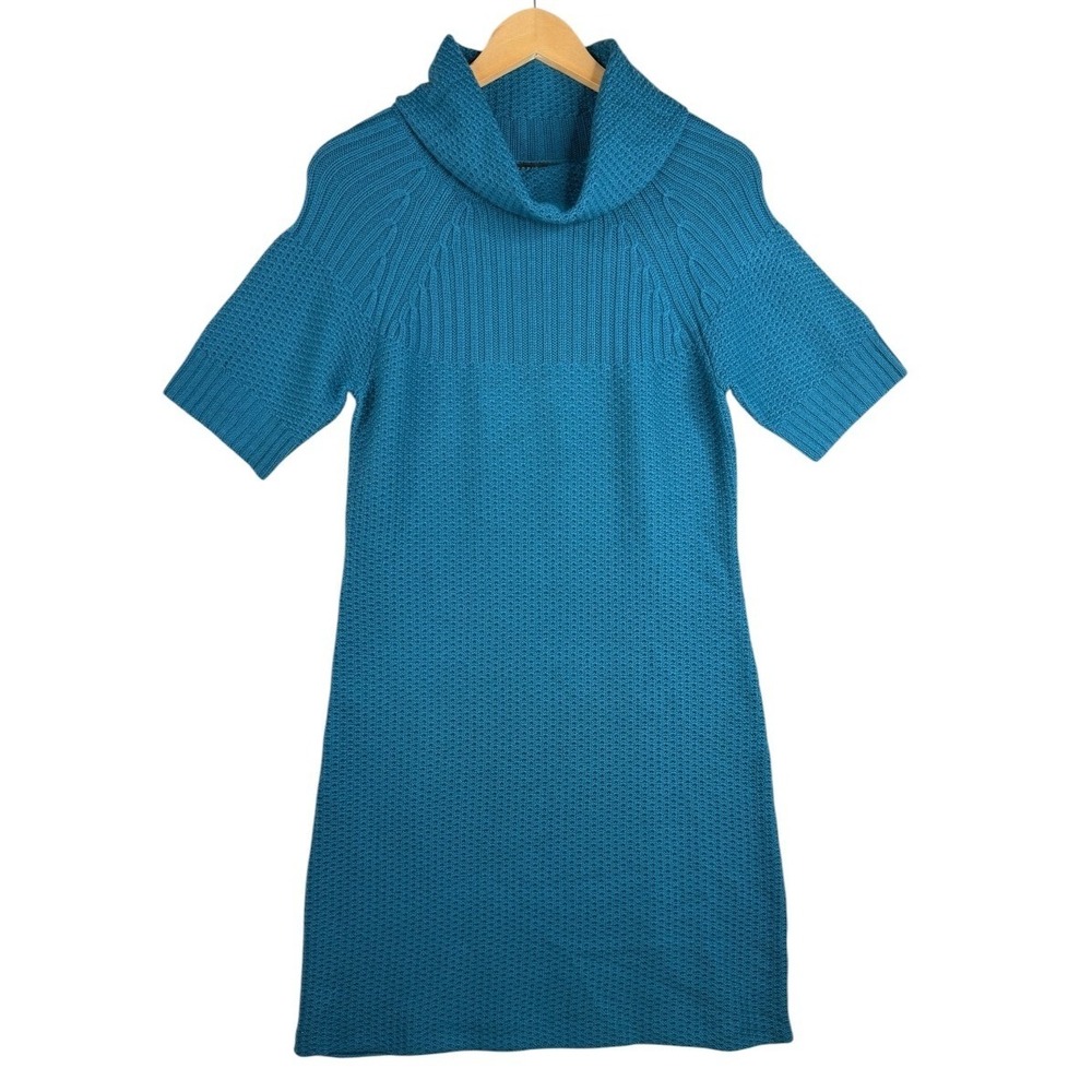 Antonio Melani Cowl Neck Short Sleeve Sweater Dress size Medium Teal Blue Knit